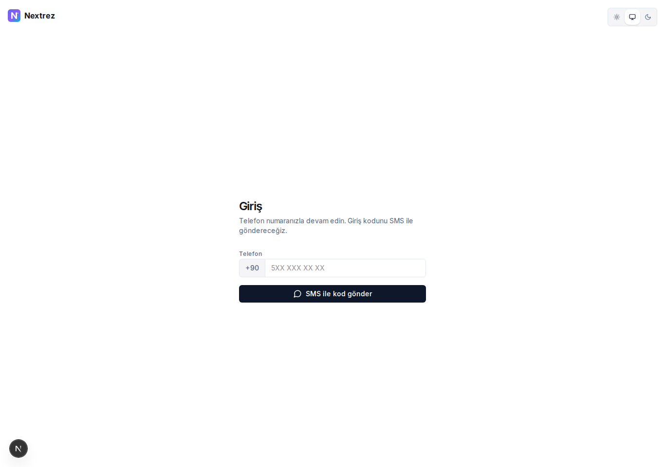 Nextrez giriş ekranı — telefon numarası ve tek kullanımlık kod