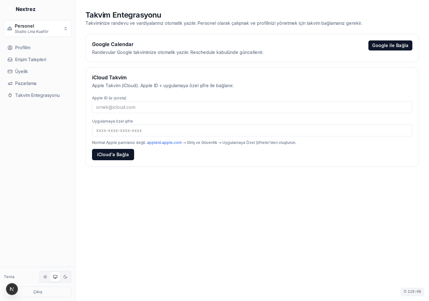 Personel takvim entegrasyonu — Google ve iCloud bağlama